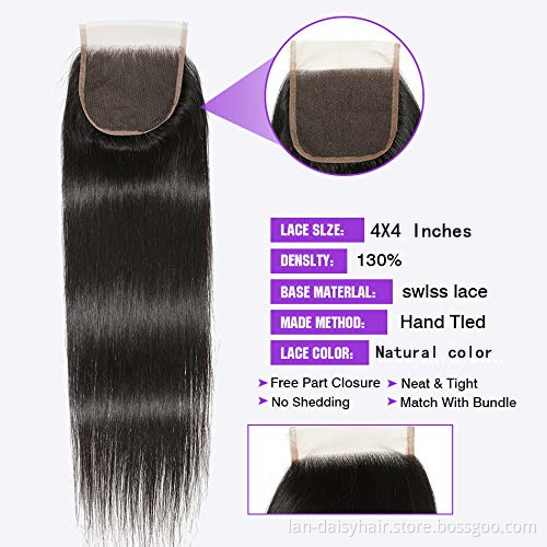 Lan-Daisy Peruvian Straight Human Hair Lace Closure 4X4 Free Part  150% Density  Three Part And Middle Part Closure